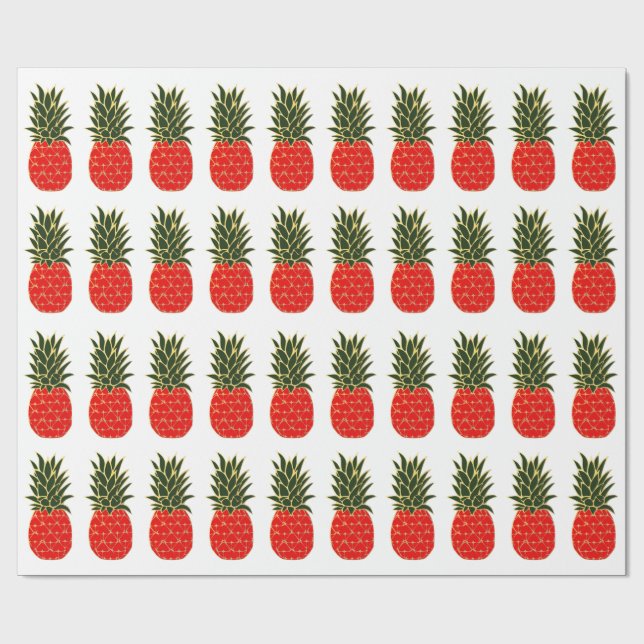 Papier Cadeau Ananas tropicaux rouges de Noël de vert et d'or (Plat)