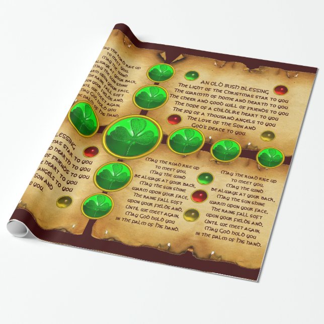 Papier Cadeau Ancien Parchemin de Noël irlandais, Shamrock (Déroulé)
