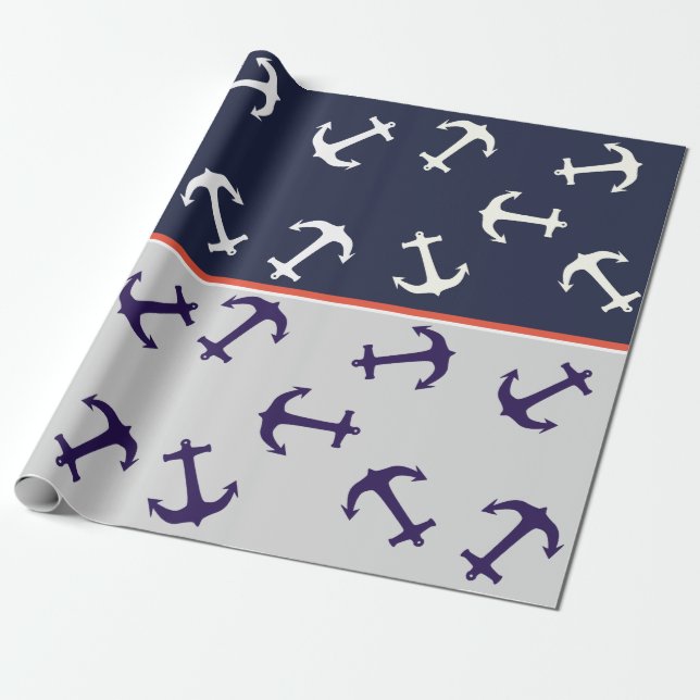 Papier Cadeau Ancre blanche Arrière - plan bleu Capitaine Océan (Déroulé)