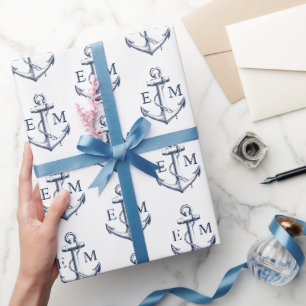 Papier Cadeau Ancre blanche de marine nautique Mariage de monogr