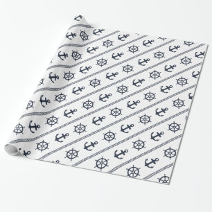Papier Cadeau Ancre blanche de roue de bateau de bleu marine