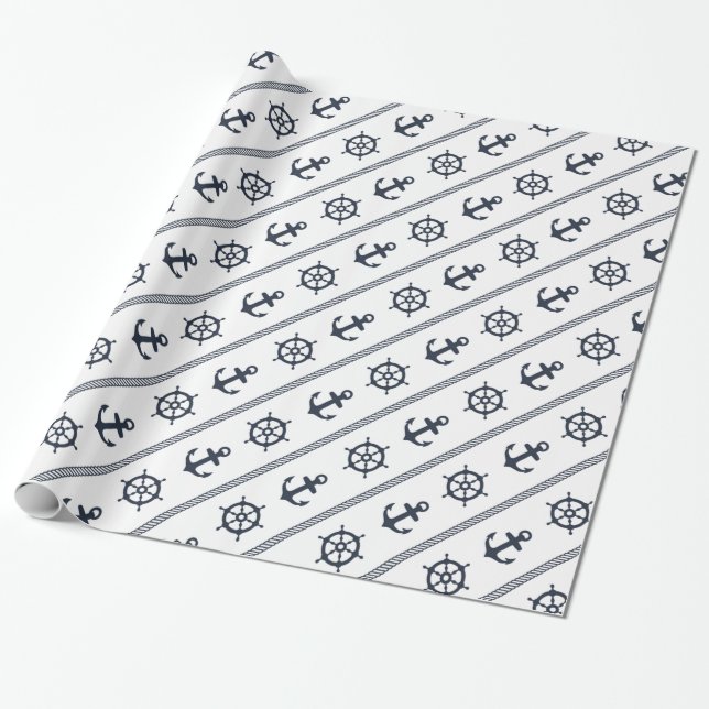 Papier Cadeau Ancre blanche de roue de bateau de bleu marine (Déroulé)