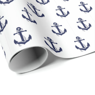 Papier Cadeau Ancre bleue et blanche Marine mariage nautique