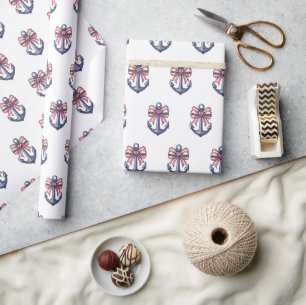 Papier Cadeau Ancre bleue marine avec nœud rayé rouge et blanc