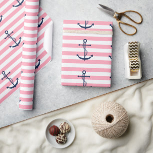 Papier Cadeau Ancre bleue sur bandes roses