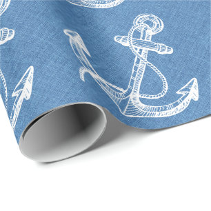 Papier Cadeau Ancre nautique blanche Linge bleu