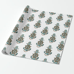 Papier Cadeau Ancre verte nautique thème marin