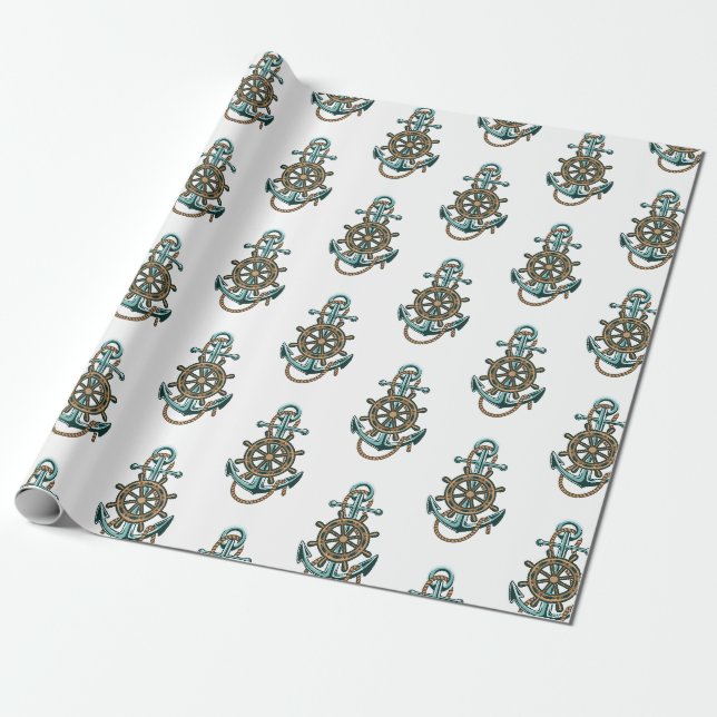 Papier Cadeau Ancre verte nautique thème marin (Déroulé)