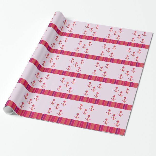 Papier Cadeau Ancres et rayures roses nautiques (Déroulé)