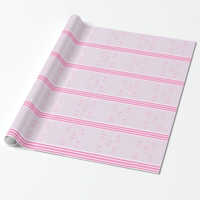 Papier Cadeau Ancres nautiques roses (Déroulé)