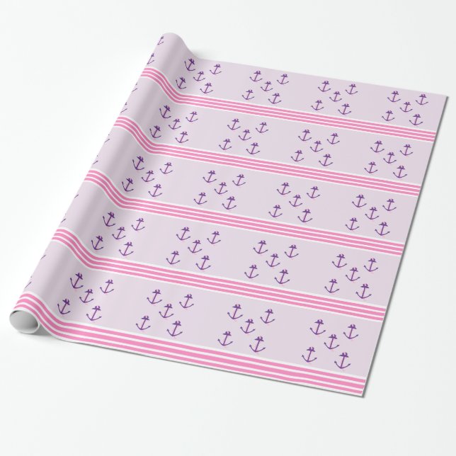 Papier Cadeau Ancres nautiques violettes et rayures roses (Déroulé)