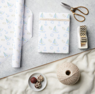Papier Cadeau Ancres océaniques Bleu Baby shower garçon