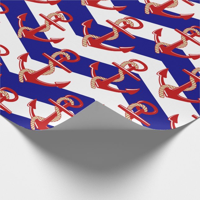 Papier Cadeau Ancres rouges Motif Chevron Stripes Nautique (Coin)