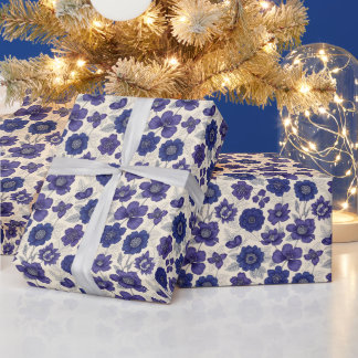 Papier Cadeau Anémone Bleu Marine Floral Sans Couture