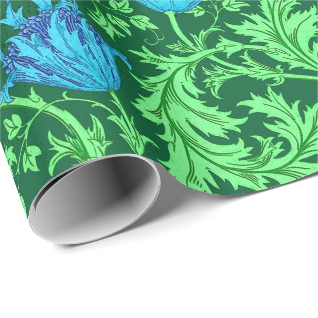 Papier Cadeau Anémone de William Morris, vert vert et bleu (Coin rond)