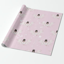 Papier Cadeau Ange de Noël Etoiles de cheveux foncés rose mignon