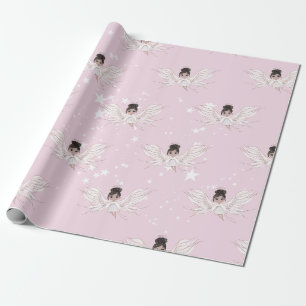 Papier Cadeau Ange de Noël Etoiles de cheveux foncés rose mignon