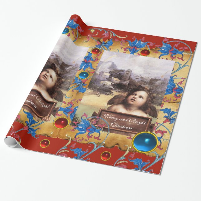 PAPIER CADEAU ANGE DE NOËL, PARCHEMENT FLORAL BLEU ROUGE ET GEMS (Déroulé)