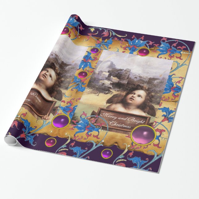 PAPIER CADEAU ANGE DE NOËL, PARCHEMENT FLORAL BLEU ROUGE GEM ROS (Déroulé)