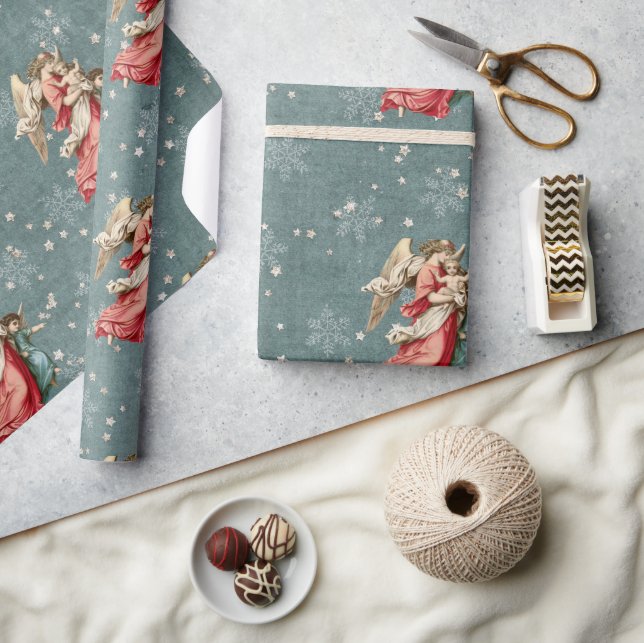 Papier Cadeau Ange de Noël rose Turquoise Flocon de neige Star H (Artisanat)