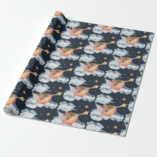 Papier Cadeau Ange de Noël Souris et trompette Aquarelle Art