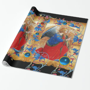 PAPIER CADEAU ANGE EN ROUGE, OR, PARCHEMENT FLORAL BLEU ET GÈMES