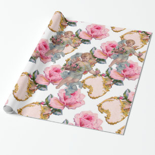 PAPIER CADEAU ANGE ROMANTIQUE RASSEMBLANT DES ROSES ROSES ROSES 