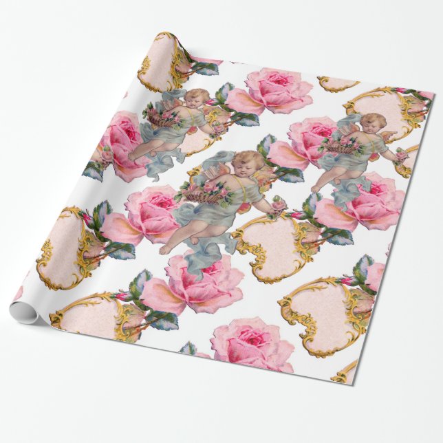 PAPIER CADEAU ANGE ROMANTIQUE RASSEMBLANT DES ROSES ROSES ROSES  (Déroulé)