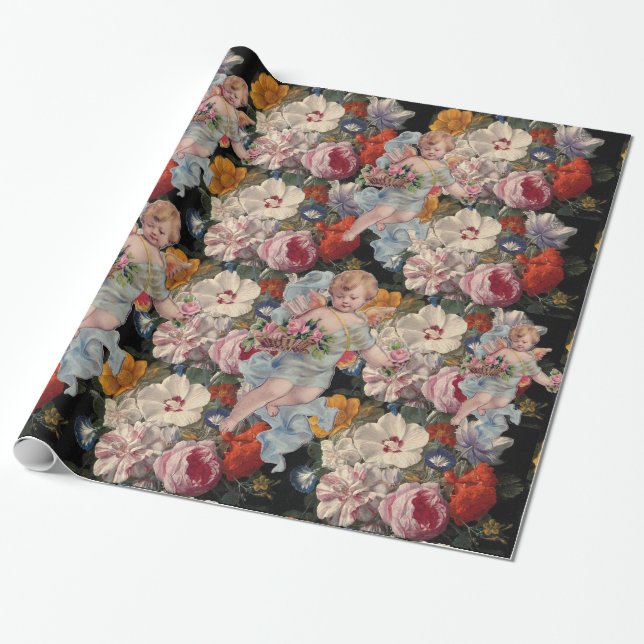 PAPIER CADEAU ANGE ROMANTIQUE RASSEMBLANT ROSES ET FLEURS ROSES  (Déroulé)