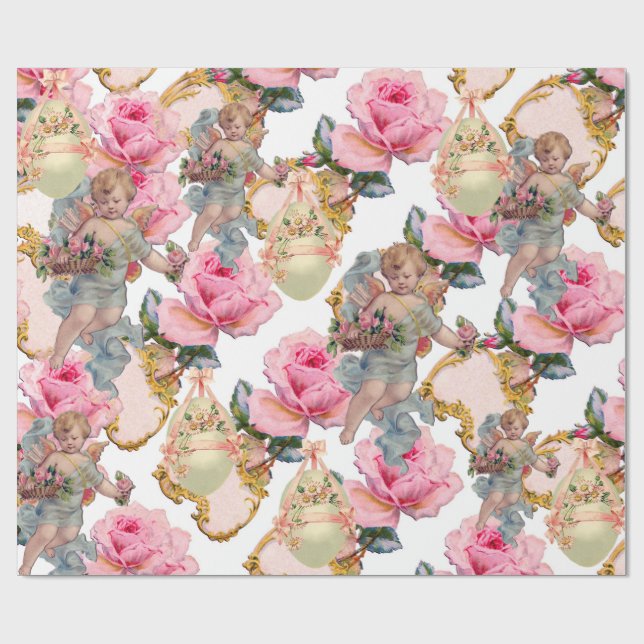 PAPIER CADEAU ANGE ROMANTIQUE RASSEMBLANT ROSES ROSES ROSES ROSE (Plat)