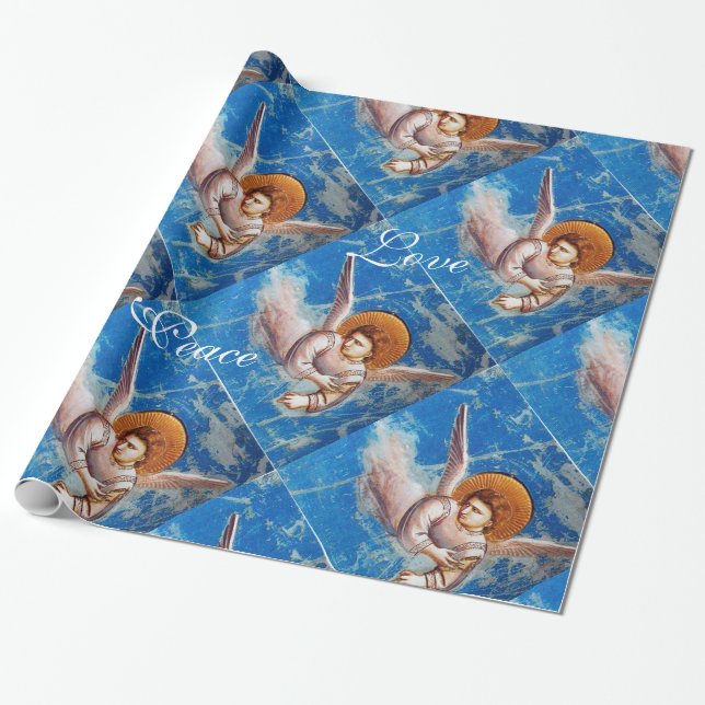 PAPIER CADEAU ANGE VOLANT DANS NOËL BLEU JOY PAIX LOVE (Déroulé)
