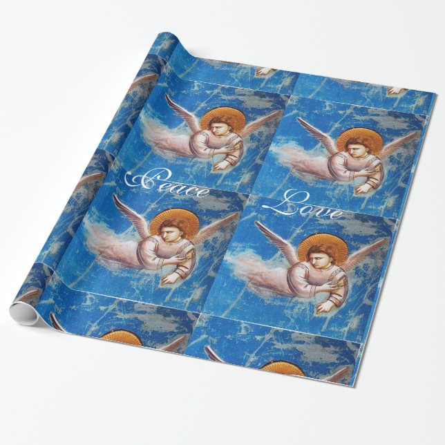 PAPIER CADEAU ANGE VOLANT DANS NOËL BLEU JOY PAIX LOVE (Déroulé)