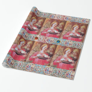 PAPIER CADEAU ANGEL AVEC ROSES, PIERRES BLEU ROUGE, PIERRES BLAN