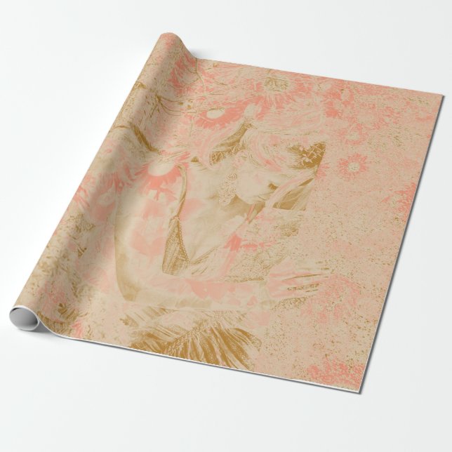 Papier Cadeau Angel Elégant Céleste Sepia Rose Floral Antique (Déroulé)