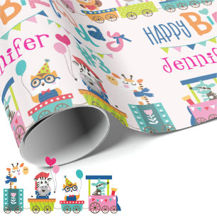 Papier Cadeau Animal Train Personnaliser le nom Filles Anniversa