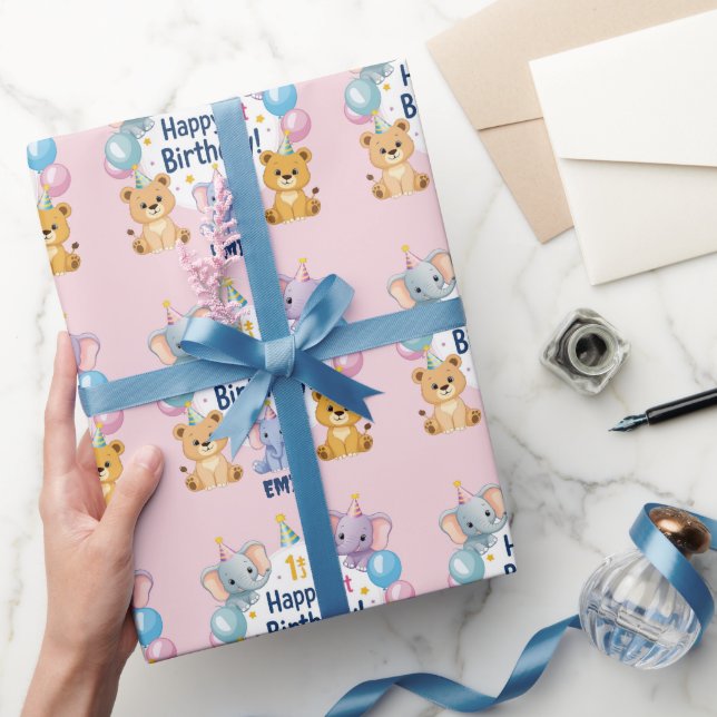 Papier Cadeau Animaux adorables Joyeux 1er Anniversaire Plaque P (Cadeaux)