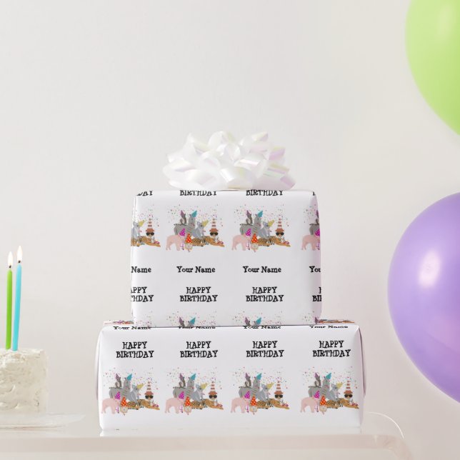 Papier Cadeau Animaux - Animaux à l'anniversaire Nom de la fête (Cadeaux de fête)