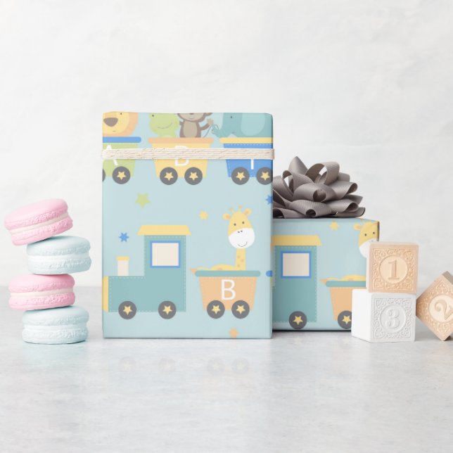 Papier Cadeau Animaux Baby shower Garçon Vert bleu (Baby Shower)