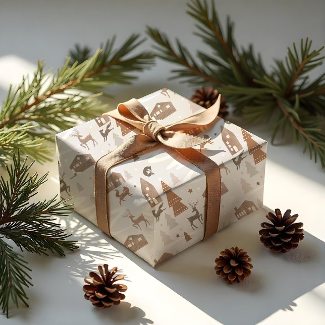 Papier Cadeau Animaux de bois Fox, cerfs et lapin Cosy Village (Woodland Animals Fox, Deer & Rabbit Cozy Village Wrapping Paper)