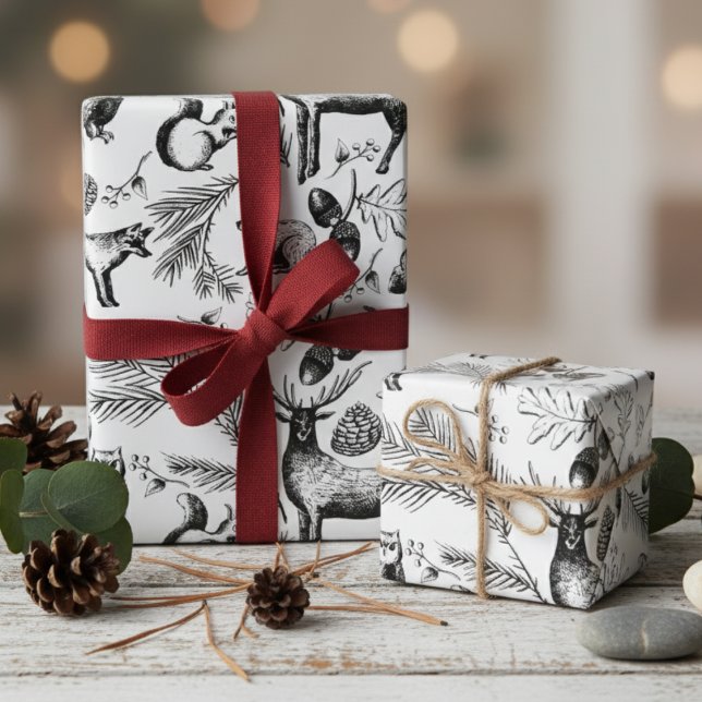 Papier Cadeau Animaux de bois noirs et blancs modernes dessinés  (Modern Black and White Winter Forest Animals Holiday Wrapping Paper for Christmas or Woodland Party)