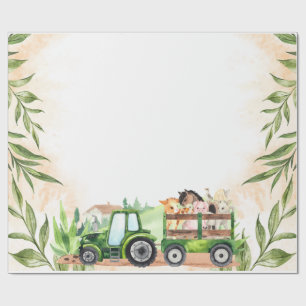 Papier Cadeau Animaux de ferme au tracteur à l'aquarelle
