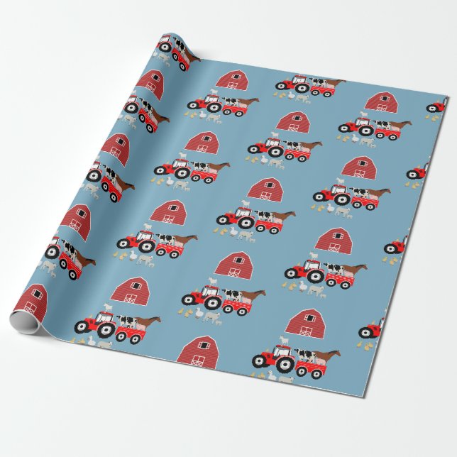 Papier Cadeau Animaux de ferme et tracteur rouge Barnyard Boys M (Déroulé)