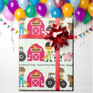Papier Cadeau Animaux de ferme Tracteur Ajouter le nom de l'enfa