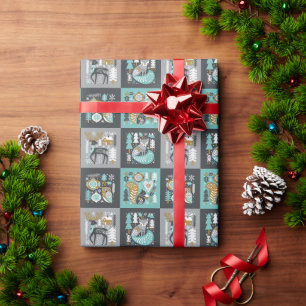 Papier Cadeau Animaux de la forêt Flocons de neige Noël scandina