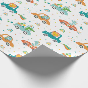 Papier Cadeau Animaux de la Jungle mignons en voitures avec arc-