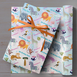 Papier Cadeau Animaux de safari anniversaire fille aquarelle per