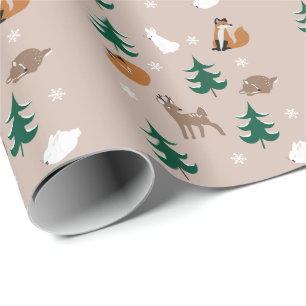 Papier Cadeau Animaux des bois Pins neigeux Snowflakes