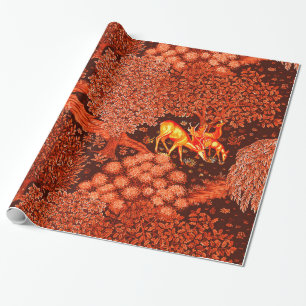 Papier Cadeau ANIMAUX FORESTIERS, CERFS PAR UN BROOK Red Yellow 