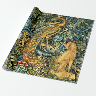 Papier Cadeau ANIMAUX FORESTIERS, RAVEN, FOX, PEACOCK Blue Green