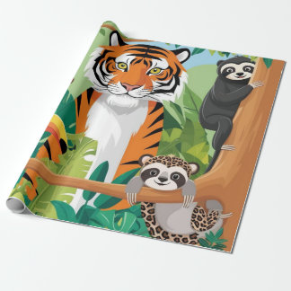 Papier Cadeau Animaux mignons enfants Jungle Tigre Singe Découpa